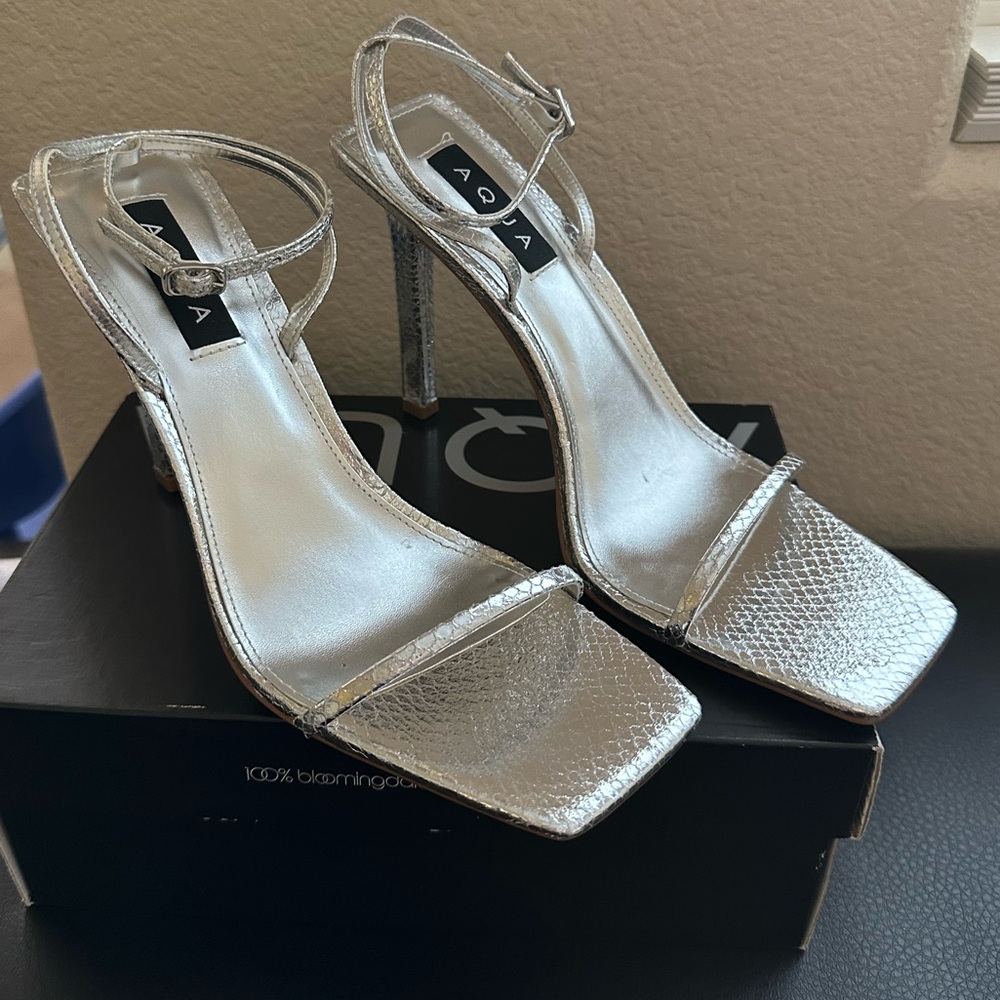AQUA Silver Strappy Heels